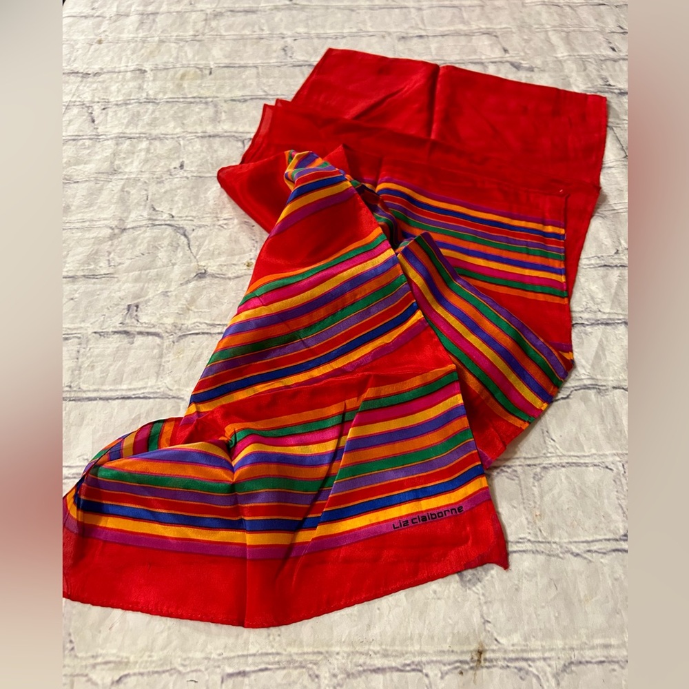 VINTAGE LIZ CLAIBORNE RED MULTI STRIPED COLORED SILK OBLONG